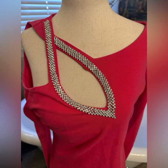 NWOT Boston Proper Hot Pink Rhinestone cut out long sleeved sexy fitted top S - Picture 1 of 10